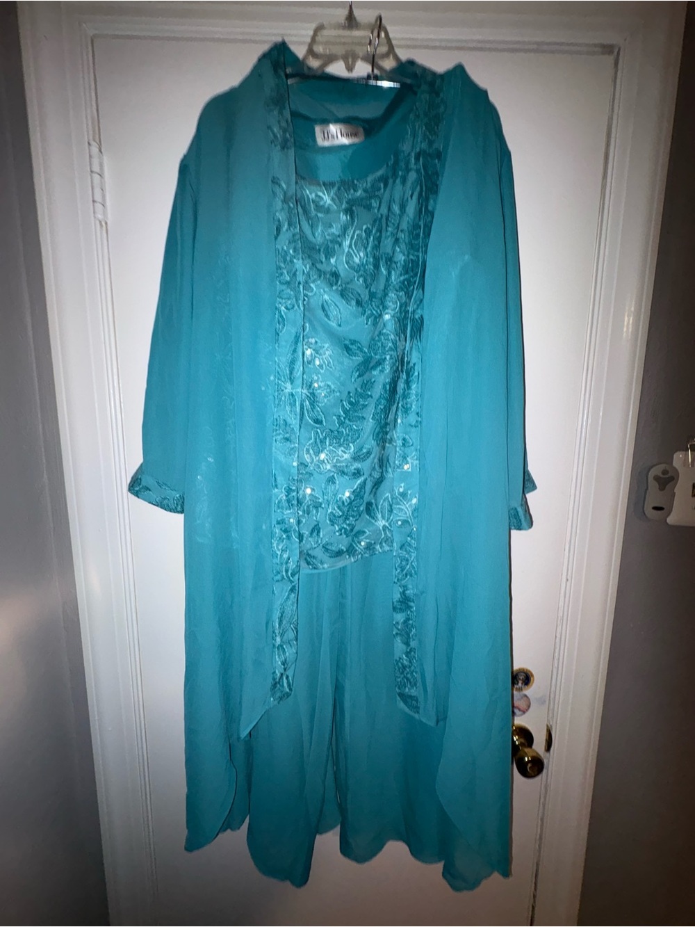 JJ’s House Teal 3 Piece Formal Pantsuit Embroidered Top Jacket Wide Leg